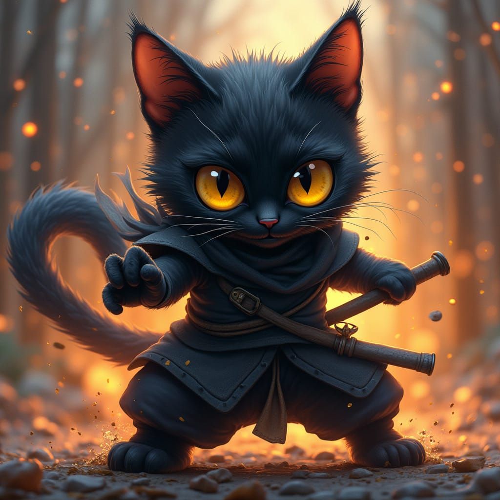 Ninja Cat Practicing Moves in Hyperrealistic Style