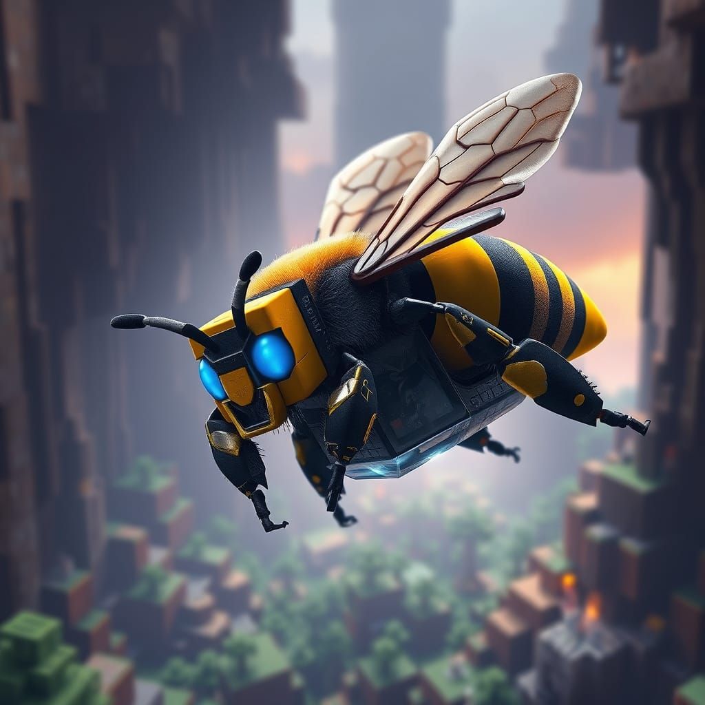 Minecraft Cube Bumblebee Soars Through Vibrant Fantasy Lands...