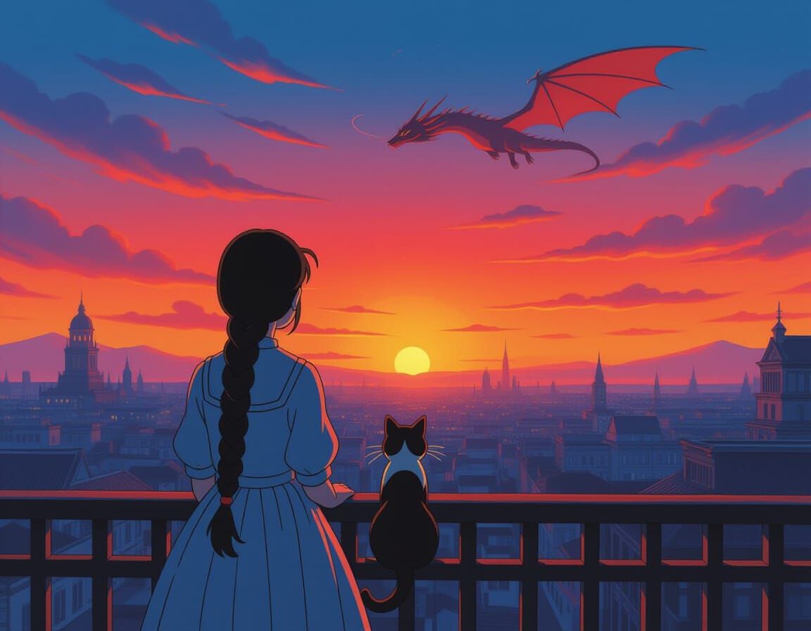 Anime Sunset Dragon, Ghibli-Inspired Scene