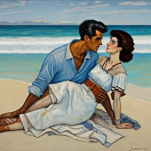 Passonate Couple on Beach in Expressionist Style