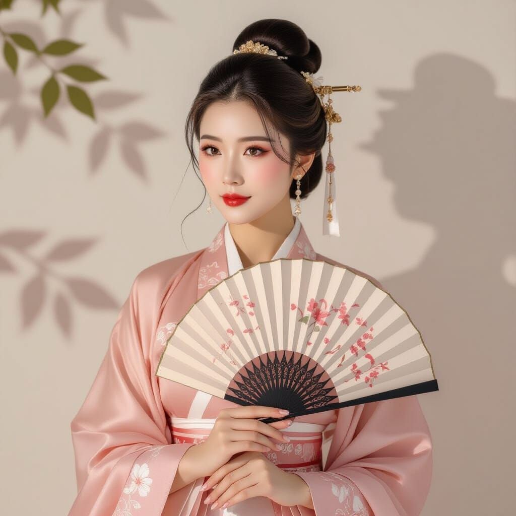 Elegant Woman in Pink Hanfu with Silk Fan