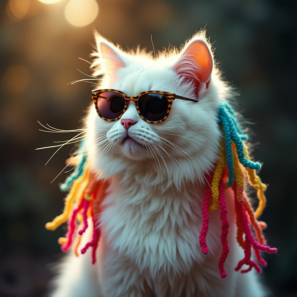 White Cat with Colorful Wool Dreadlocks and Sunglasses
