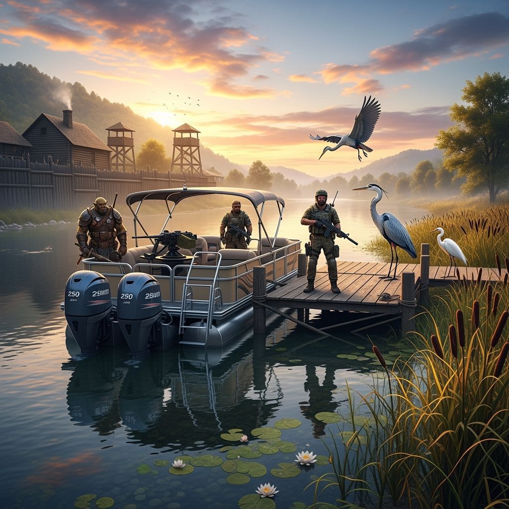 River Sunset with Orcs and Military Boat, Photorealistic Sty...