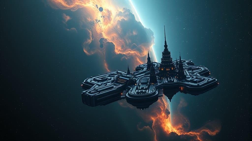 Floating City Approaching Carina Nebula in Deep Space