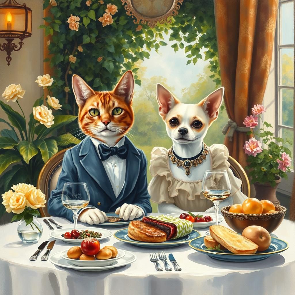 Anthropomorphic Cat and Dog in Impressionist Style