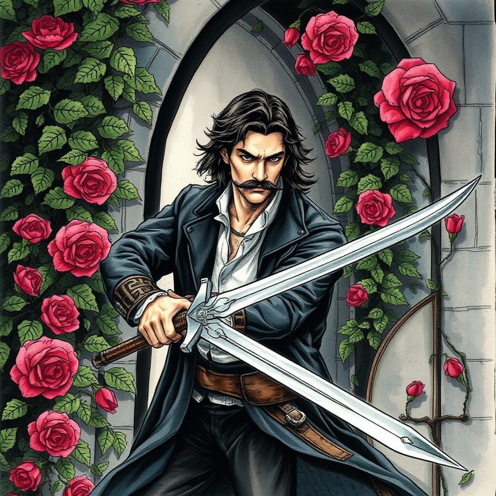 Man Battles Roses at Castle Gate: Fairytale Illustration