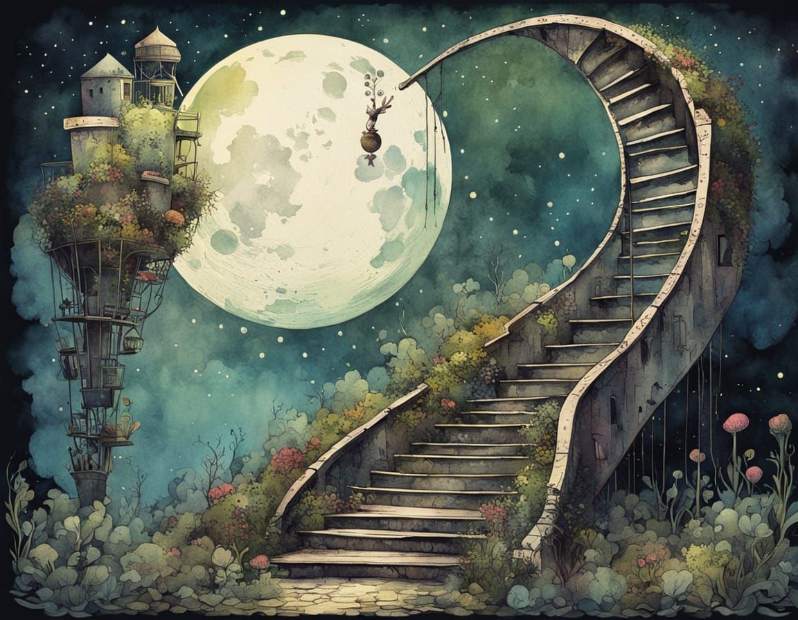 Surreal Staircase Ascends to the Moon in Whimsical Art Nouve...