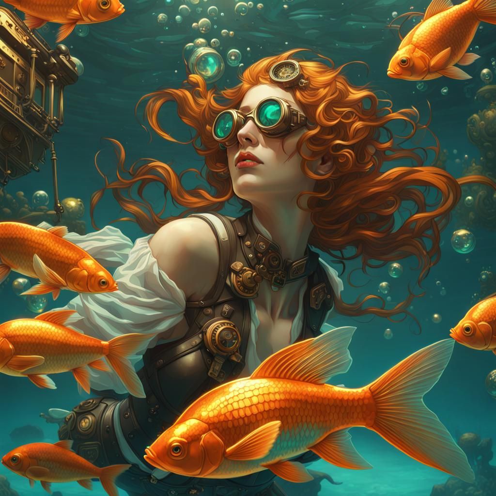 Steampunk Goldfish and Woman in Dynamic Lighting