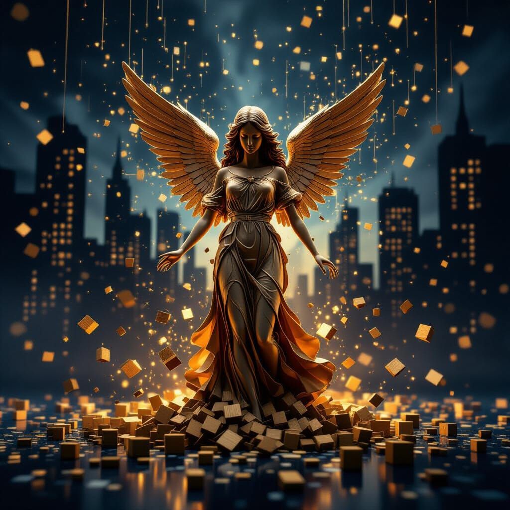 Wooden Angel Disappearing in Digital World