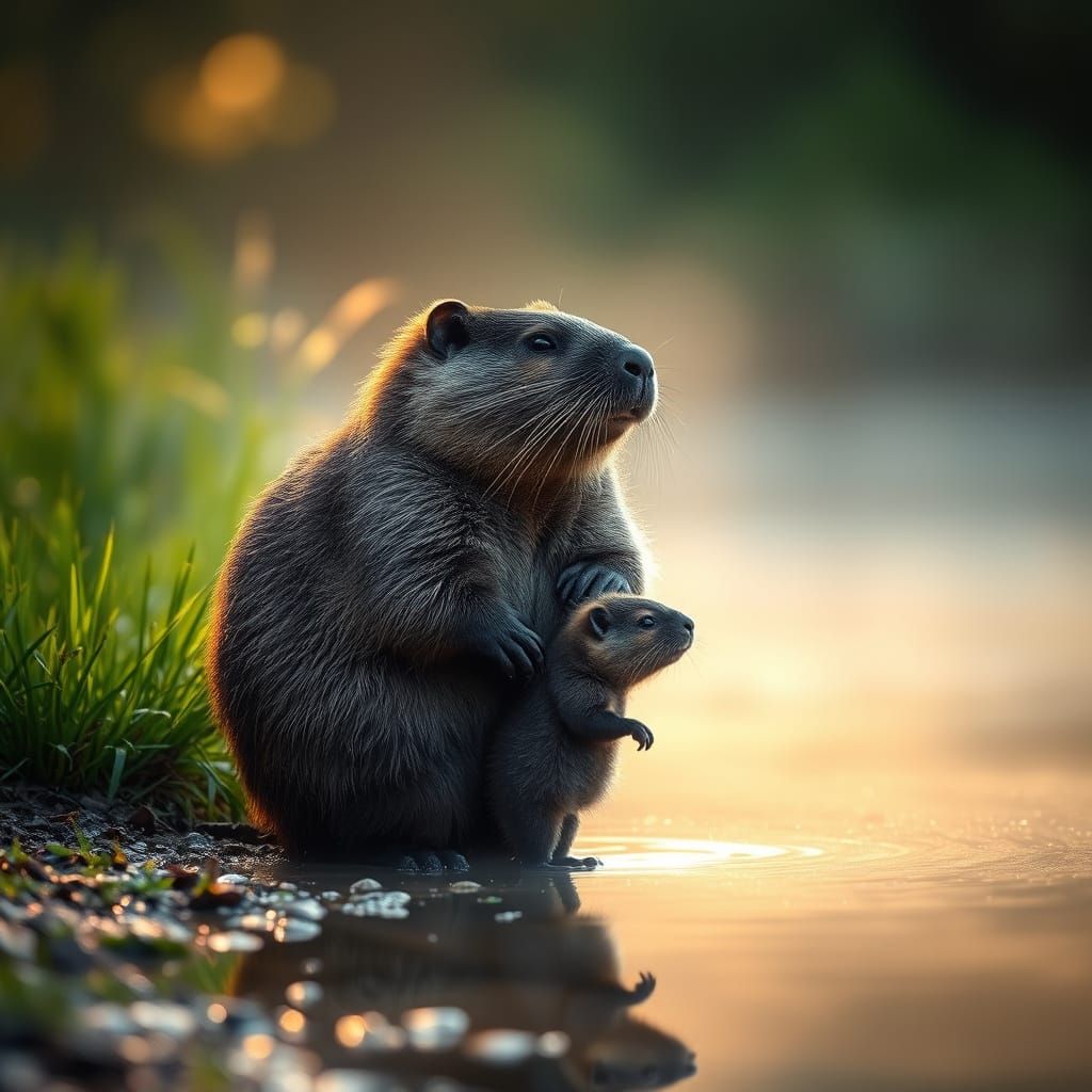 Peaceful Beaver Family by Tranquil Pond