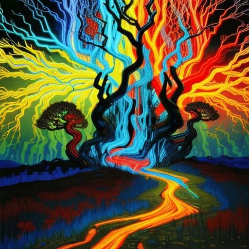 Dystopian Liquid Metal Forest with Electric Lightning