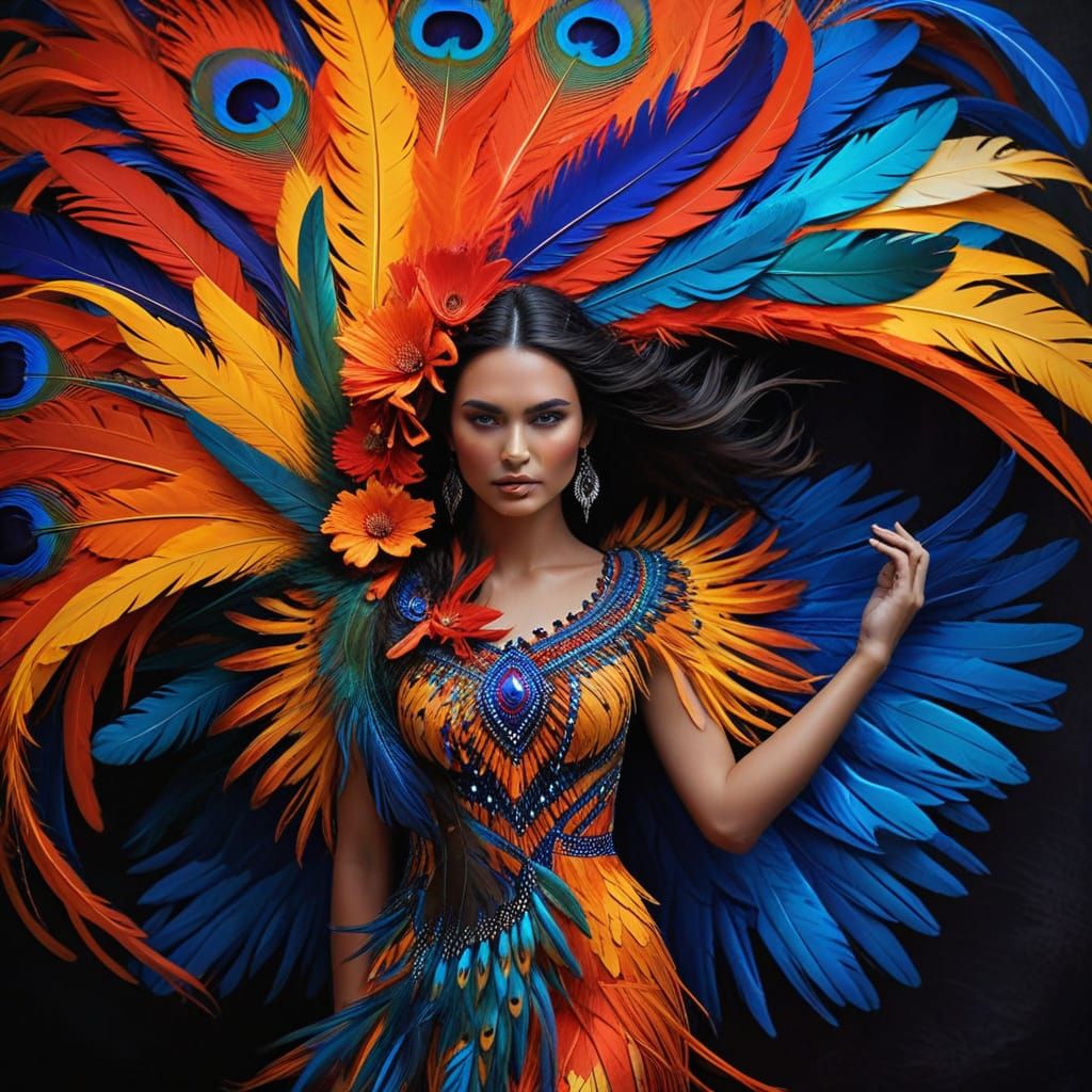 Woman Adorned with Vibrant Feathers in a Tapestry of Emotion...