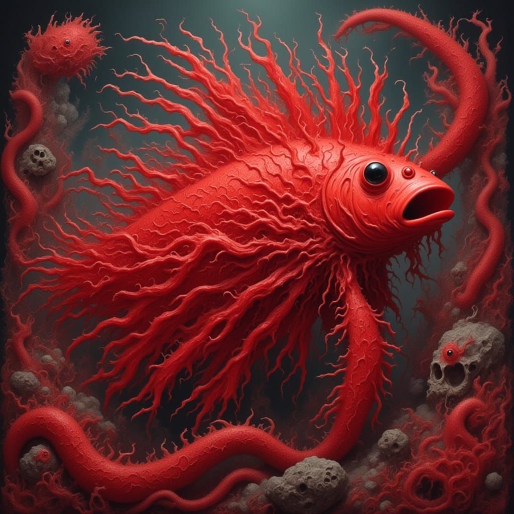 Fiery Red Lionfish Swimming in a Sea of Fire