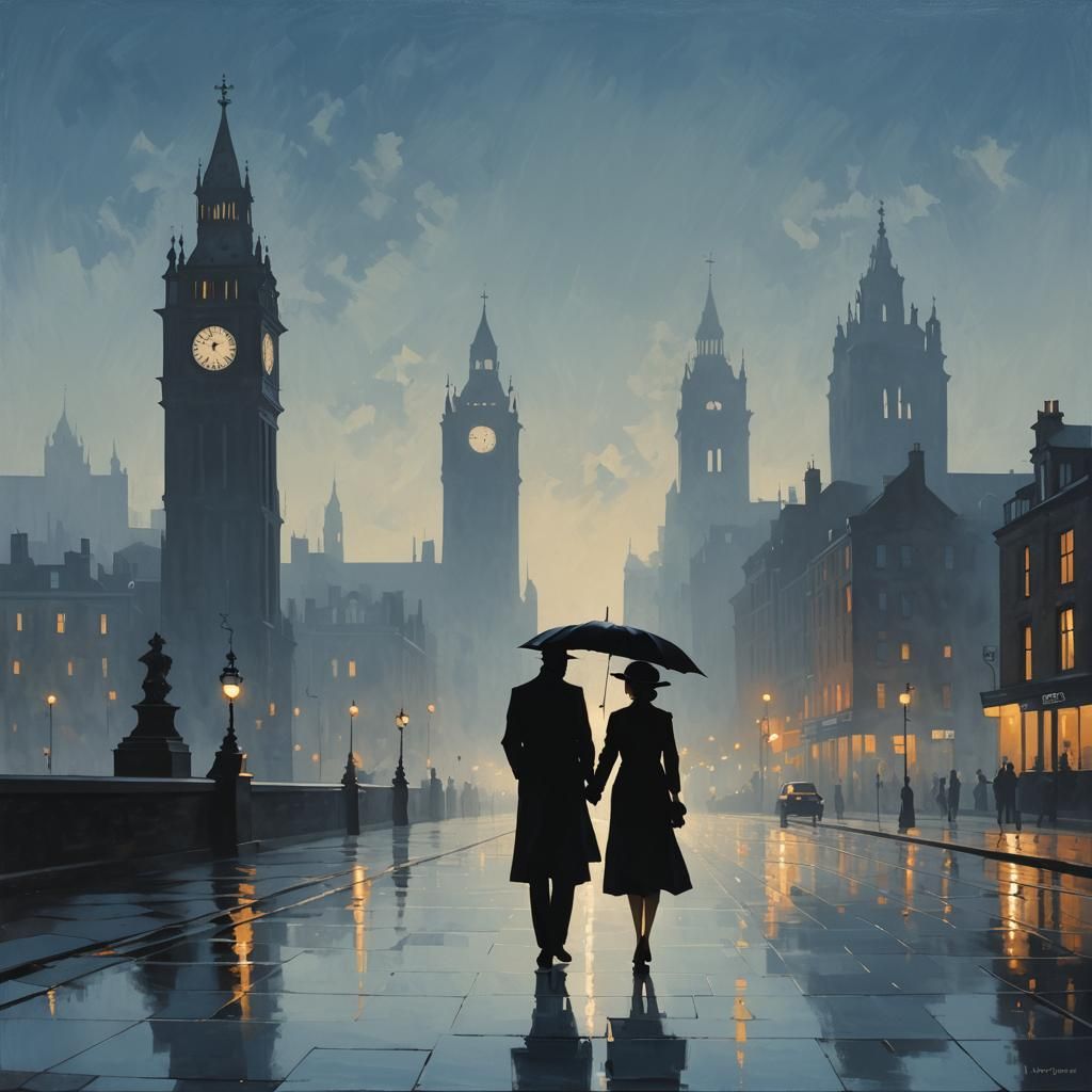 Manchester Silhouette in Misty Blue, Evocative Painting