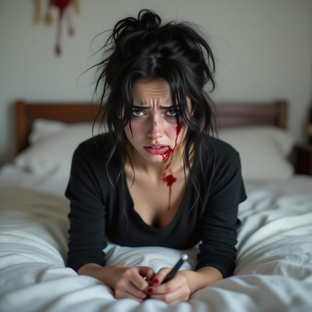 Distraught Woman in Messy Room, Dark Mood