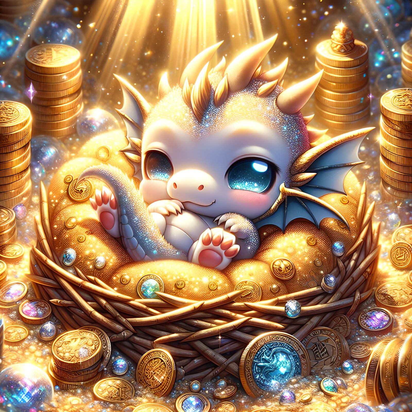 Cute Chibi Dragon Sleeps on Gold Treasure