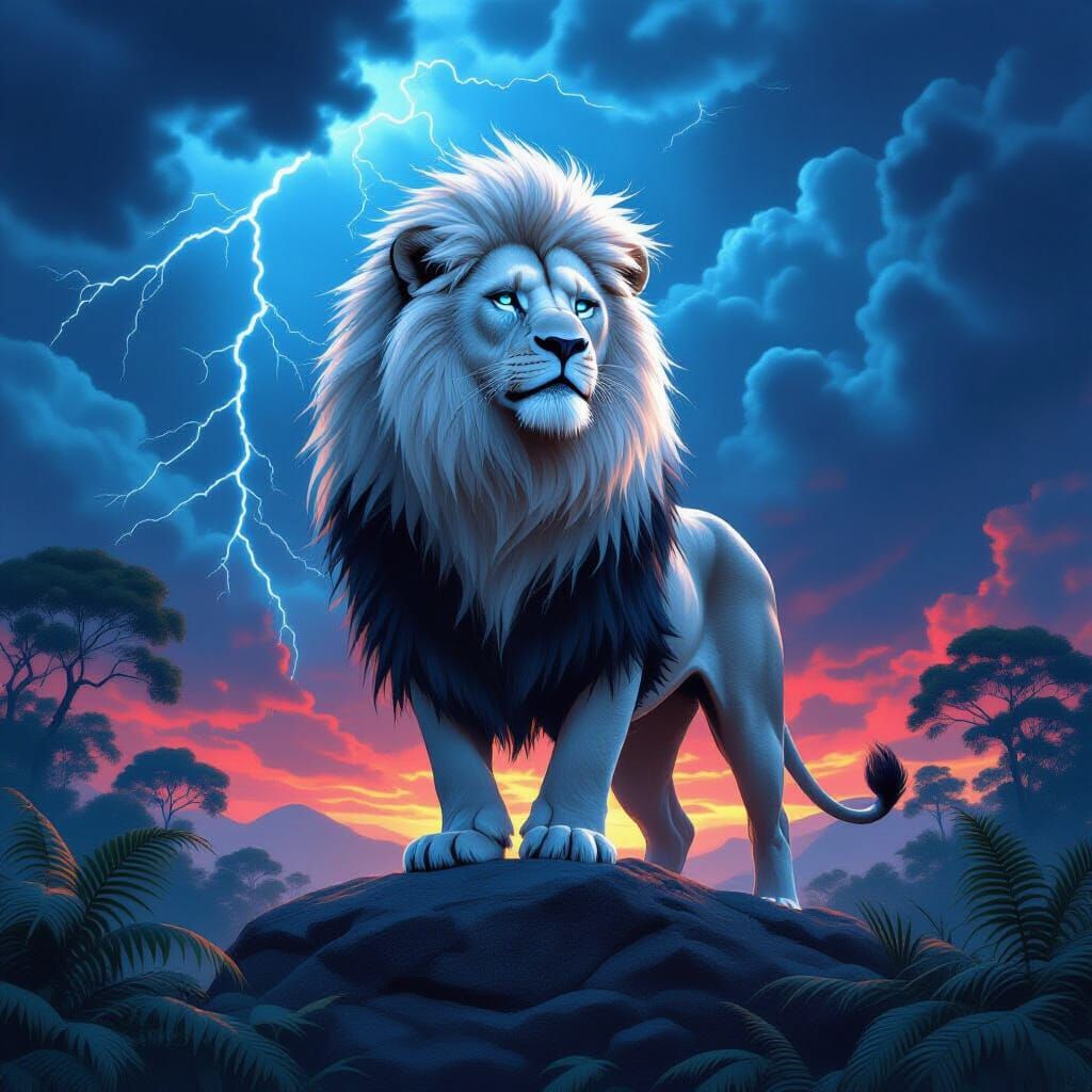 Regal White Lion Surveys Jungle Kingdom Amidst Storm
