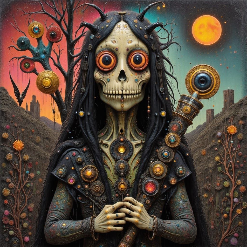 Celestial Hermit Wizard Gazes at Village on Pink Gold Hill