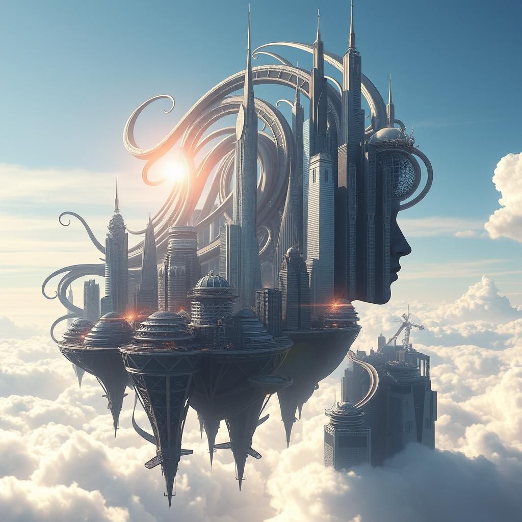Floating City Woman: A Surreal Digital Illustration