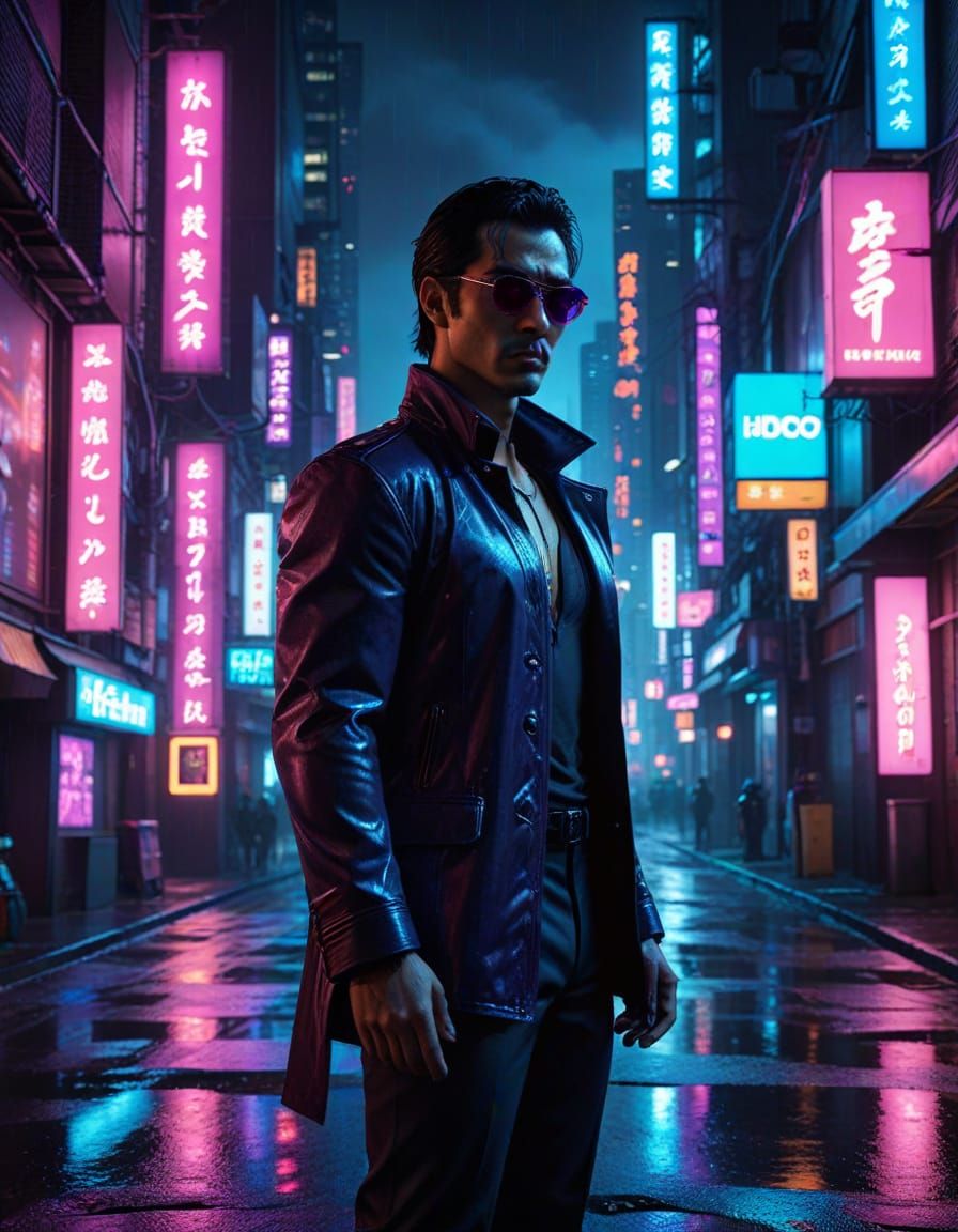 Gritty Cyberpunk Portrait of Goro Majima in Neon-Lit Urban N...