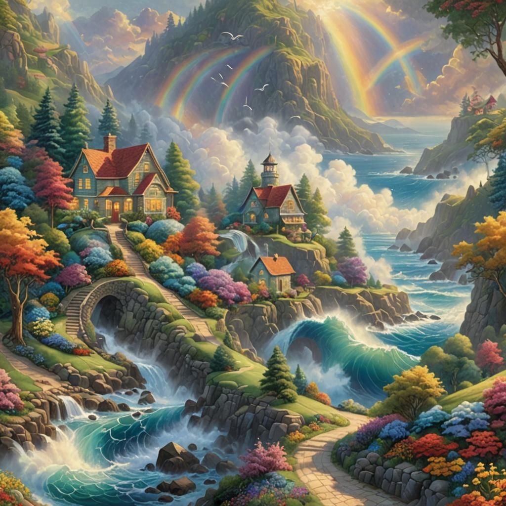 Quilted Ocean Scene in Kinkade Style