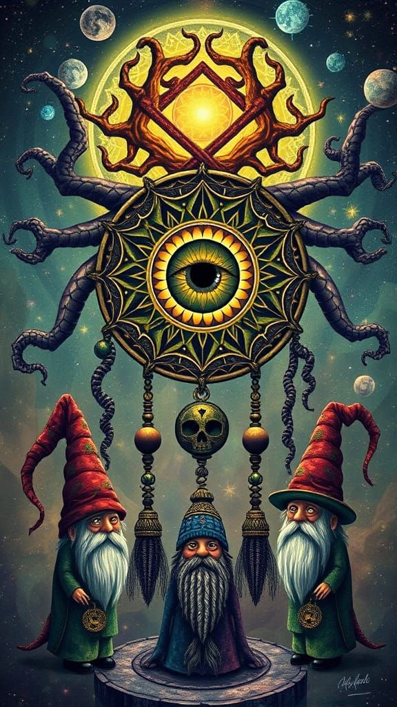 Cosmic Dreamcatcher of Ancient Lore in Mandelbulb Stipple