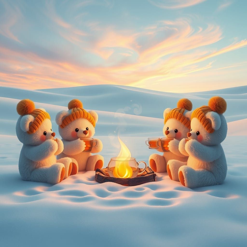 Surreal Snow Desert Wonderland with Teddy Bear Gathering