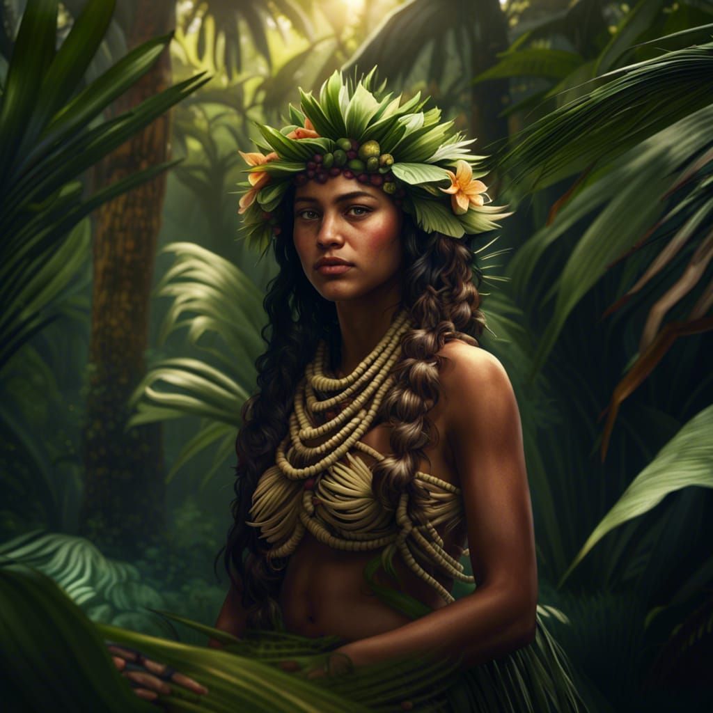 Polynesian Girl Collects Flowers in Jungle