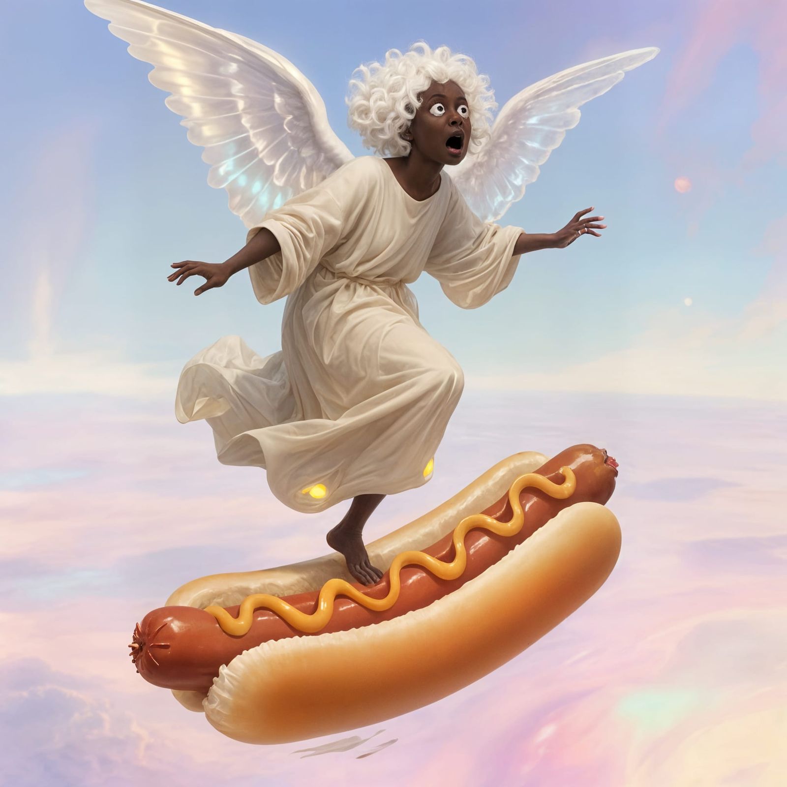 Surreal Angel Balances on Hotdog in Ethereal Void