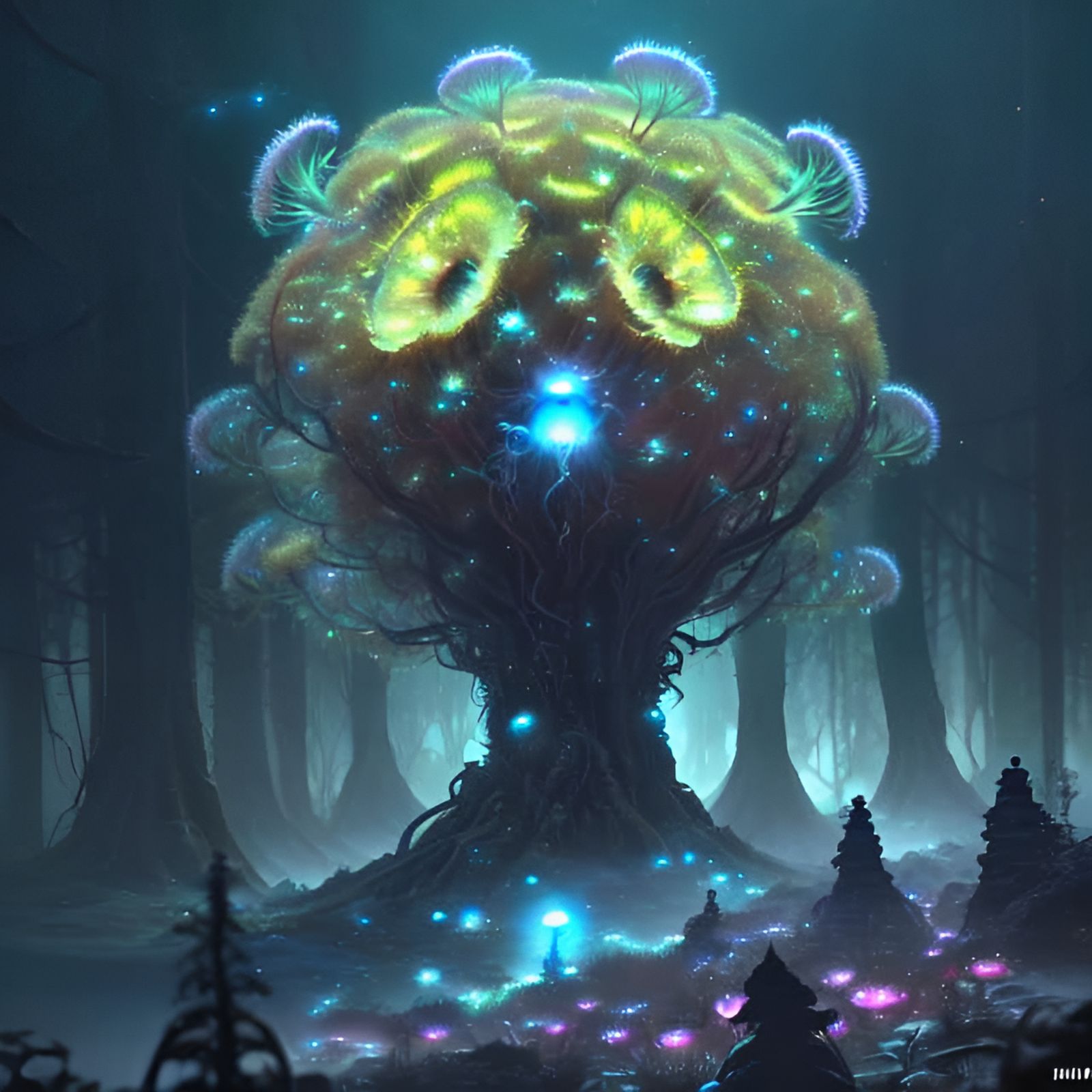 Biopunk Onion in Cosmic Bioluminescent Forest