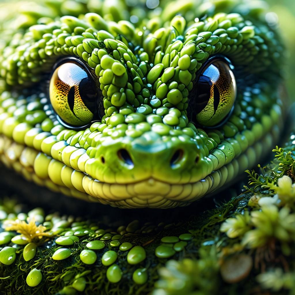 Adorable Moss Snake in Lush Forest: Digital Art