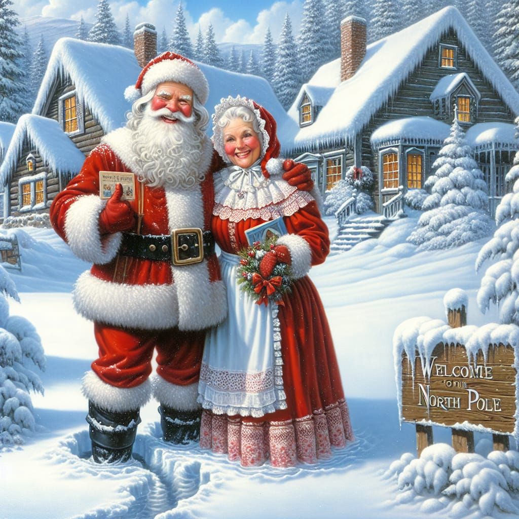 Santa and Mrs. Claus Welcome Visitors, Oil Painting