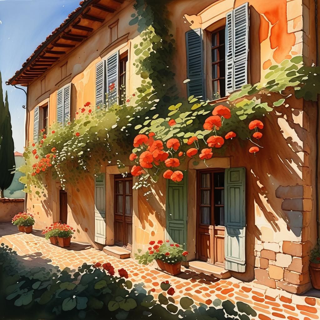 Tuscan Villas in Summer: A Watercolour Painting