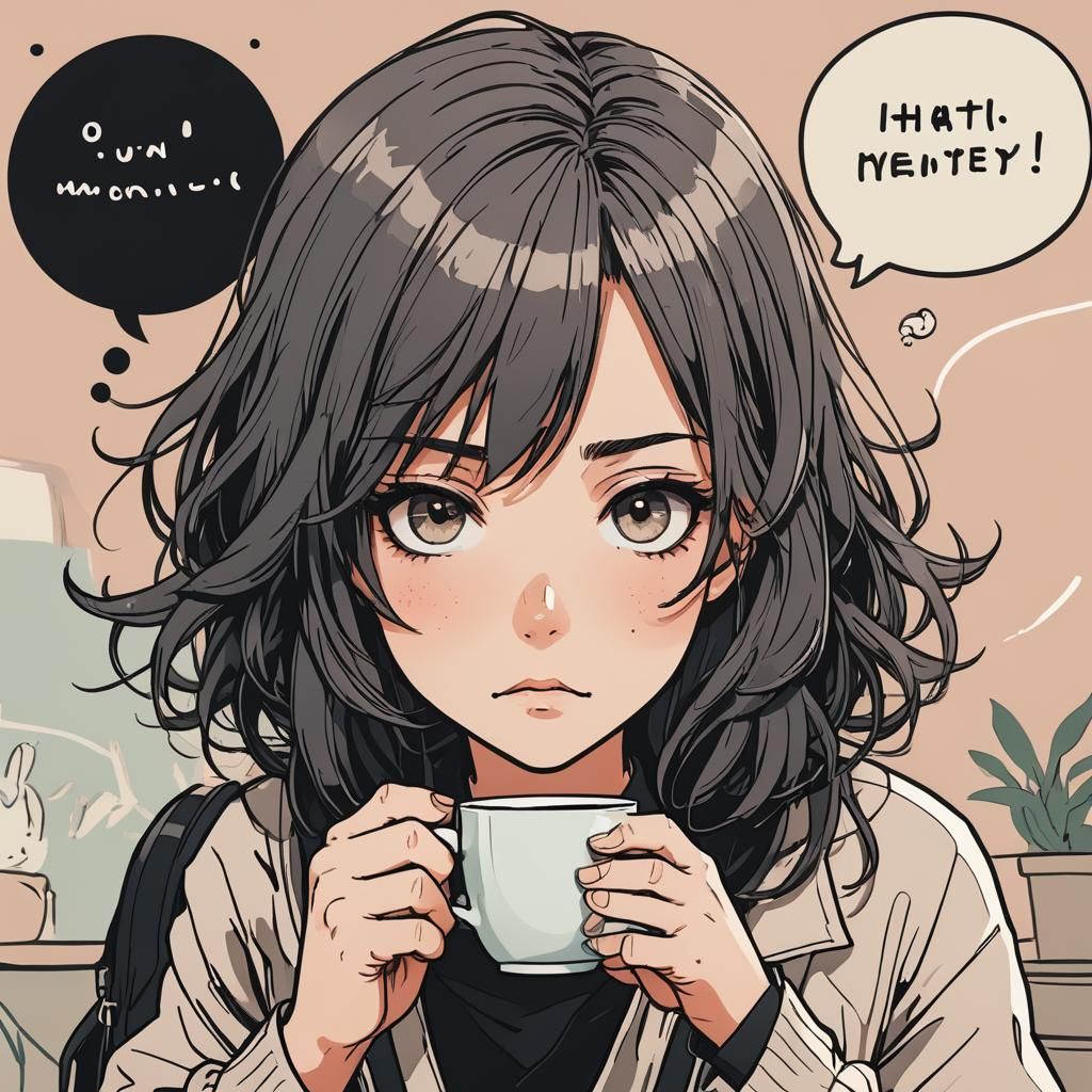 Manga Girl Drinking Coffee Line Art Portrait