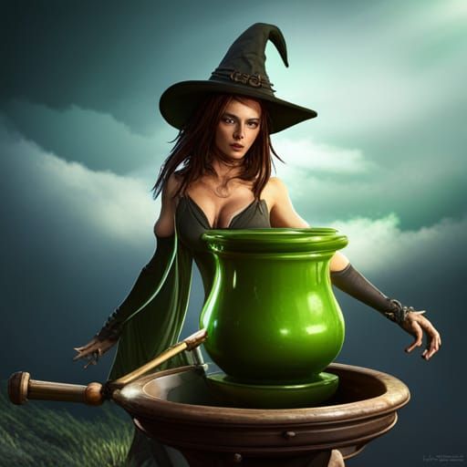 Attractive Witch with Green Cauldron, Fantasy Art
