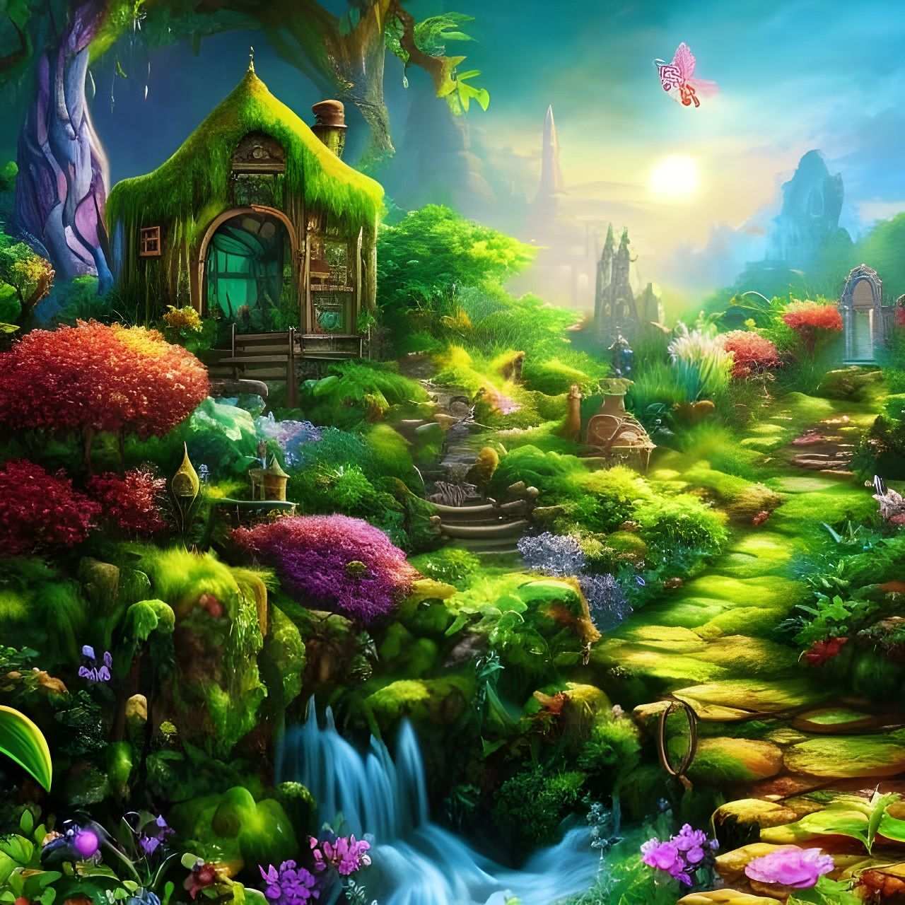 Fantasy Fairy garden 🌱🌿☘️🍀 Hyperrealistic, splash art, co...