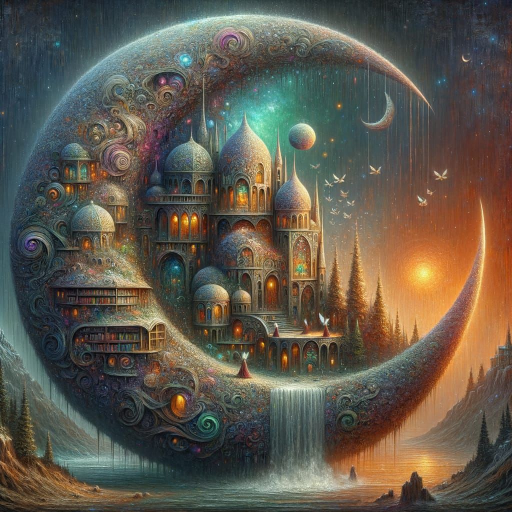 Fantasy Village Inside Ornate Crescent Moon in 8k