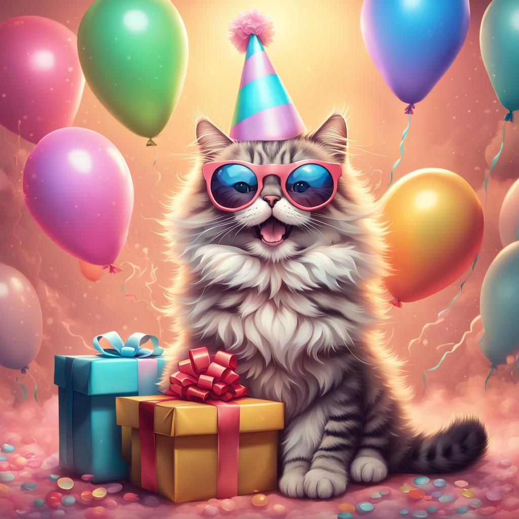 Adorable Kawaii Cat Celebrates Birthday with Balloons