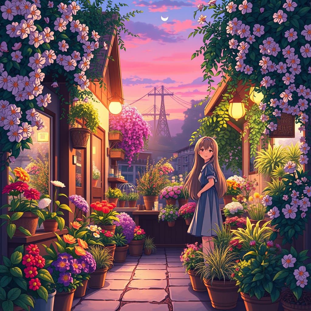 Anime Flower Shop at Twilight: A Serene Scene