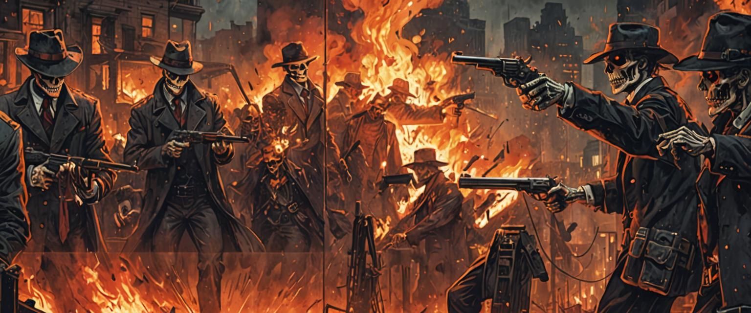Gothic Shootout: Skeletons Clash in Burning Cityscape