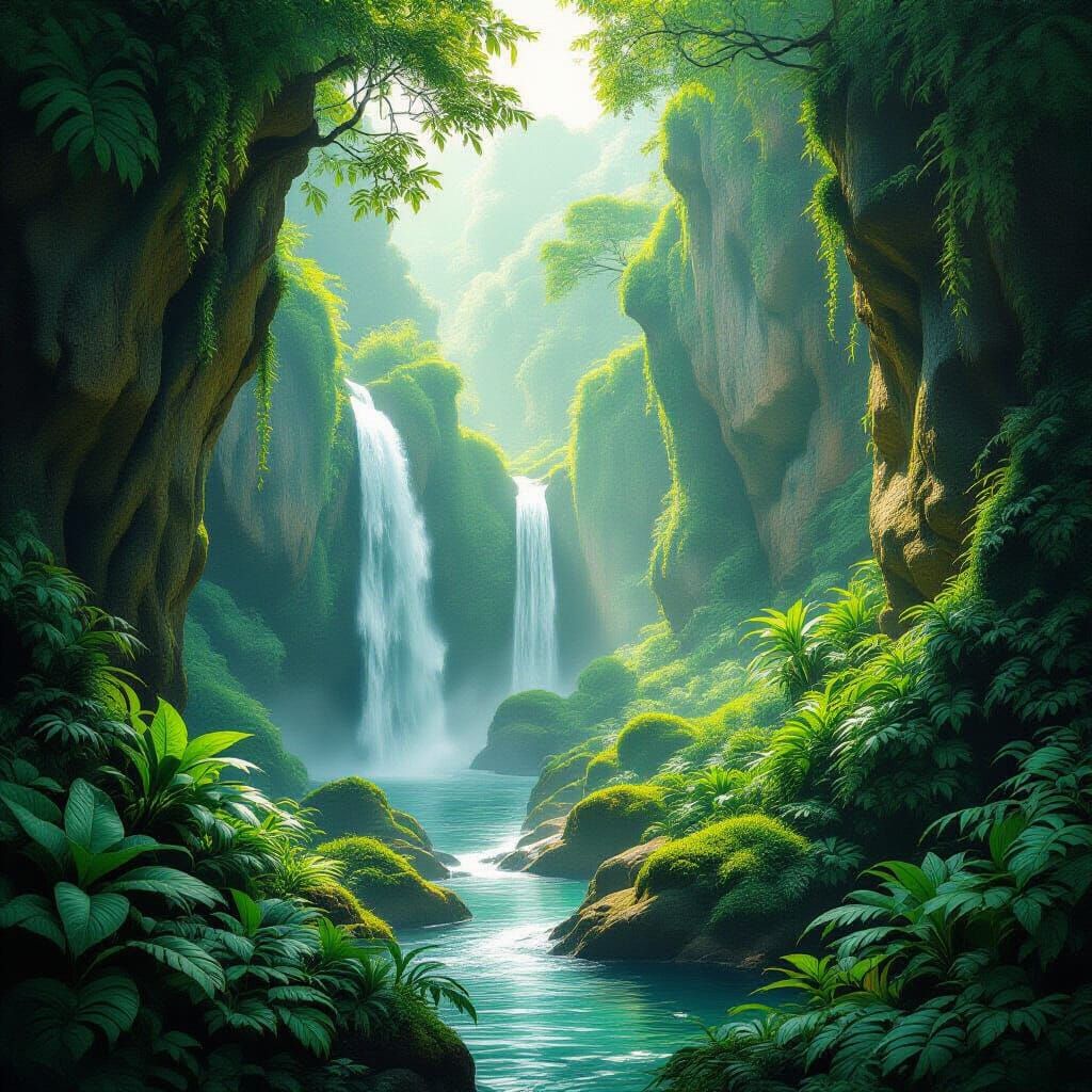 Lush Secret Garden with Waterfalls