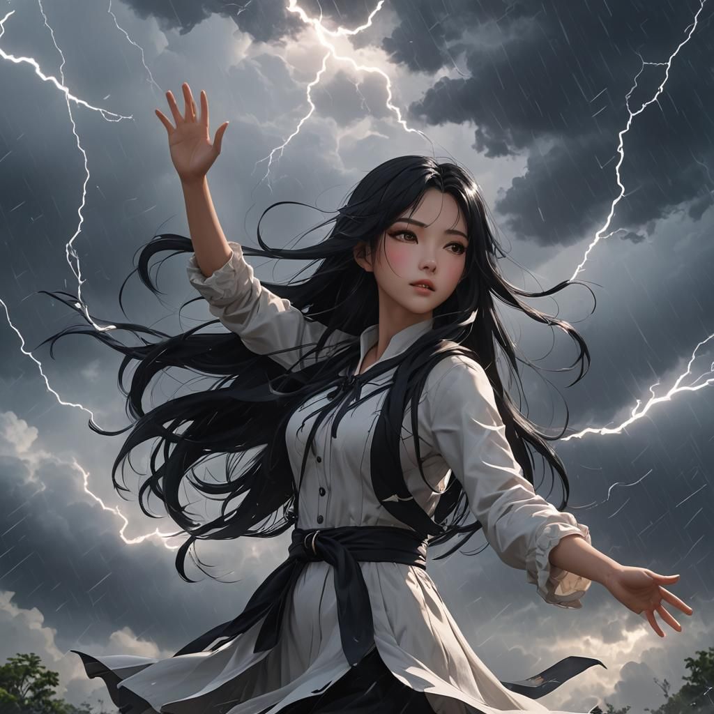 Anime Girl Floating in a Storm