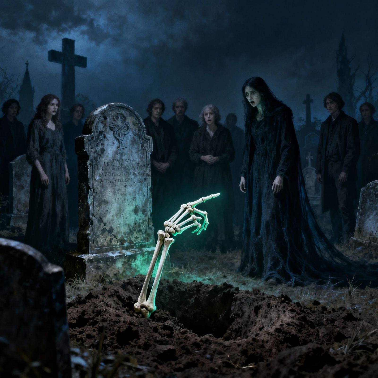 Skeleton Arm Rises From Grave Pointing At Mourner