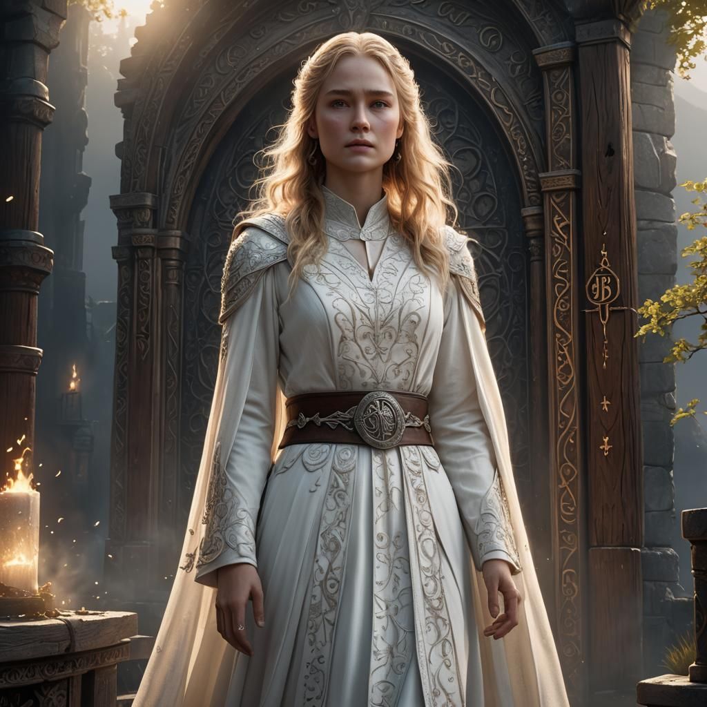 Eowyn in White Gown with Silver Embroidery
