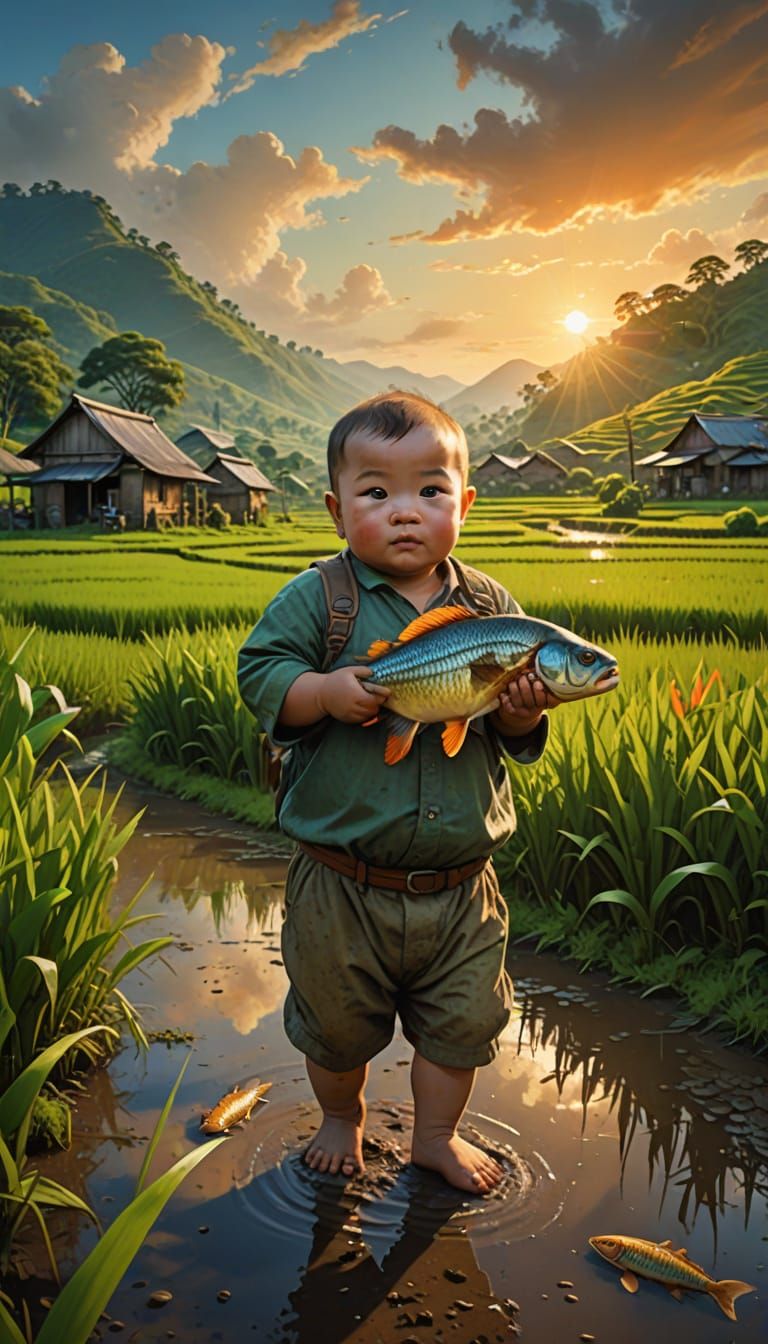 Chubby Baby Triumphs in Vibrant Impressionist Rice Field Sce...