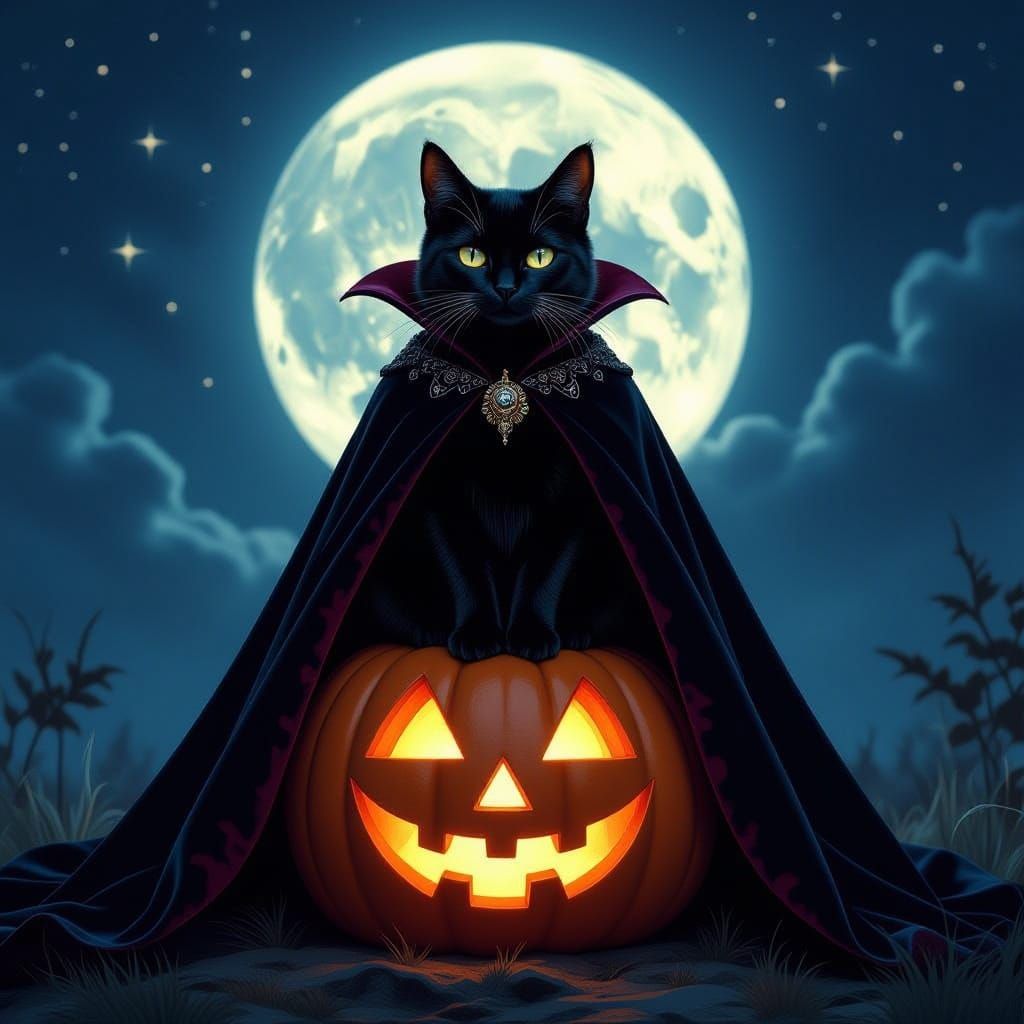 Black Cat in Vampire Cape on Illuminated Pumpkin Under Full ...