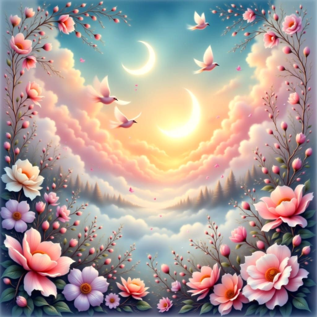 Dreamy Sunset with Pastel Hues and Whimsical Blooms