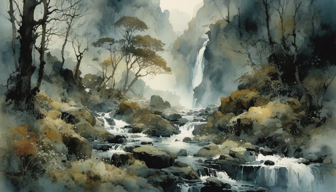 Foggy Valley Waterfall in Detailed Watercolor Style