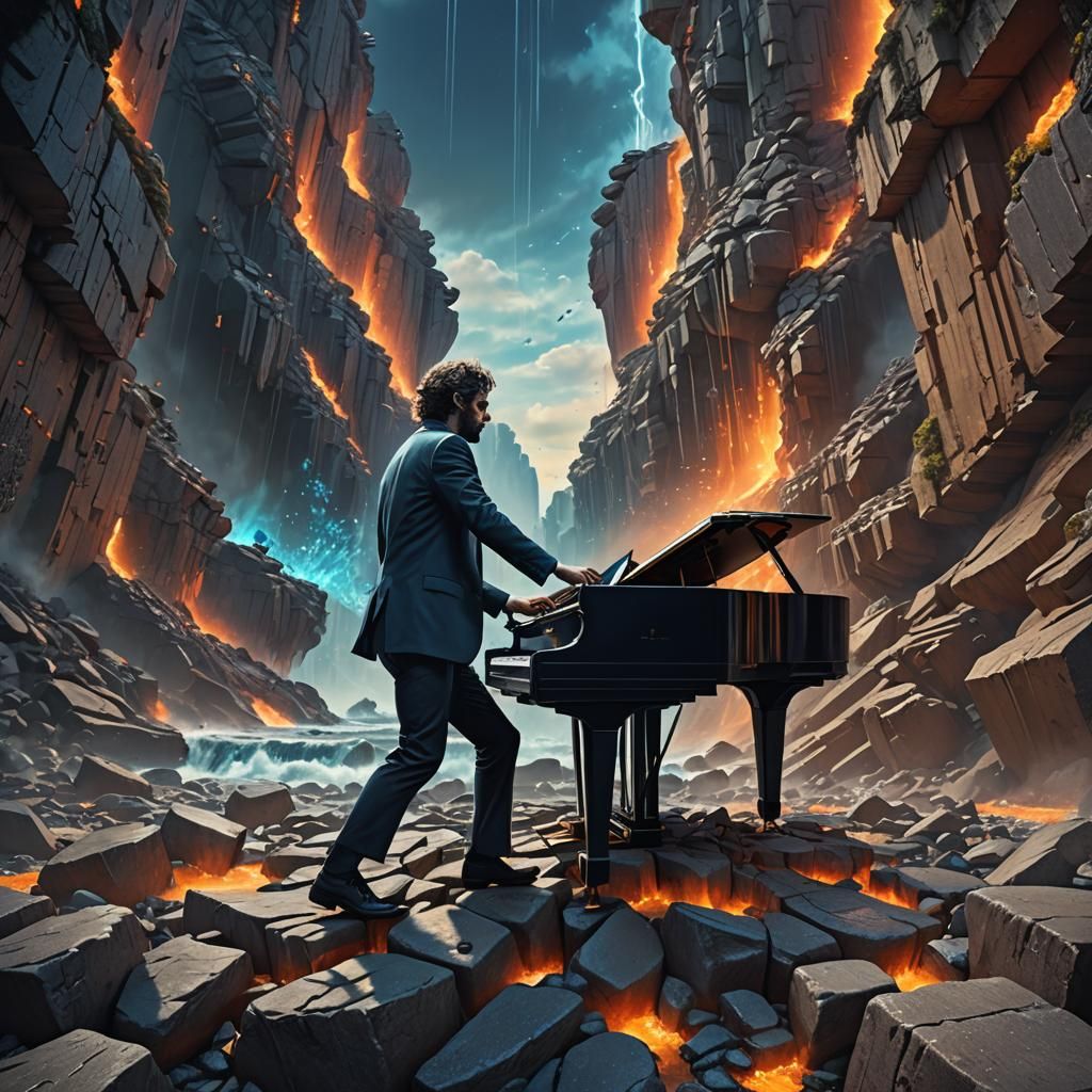 Piano Man Dancing on Rocks in Futuristic Style