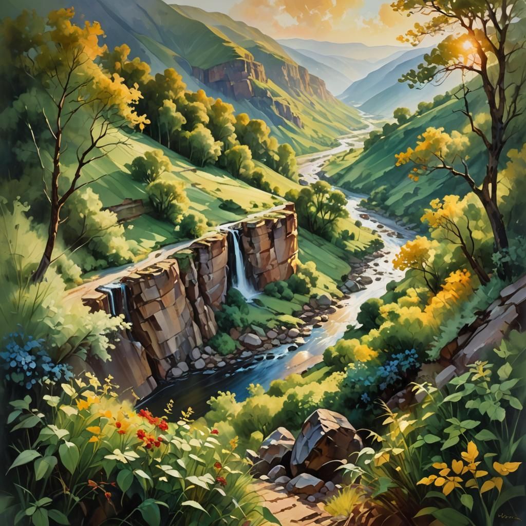 Serene Valley River in Oil Painting Style